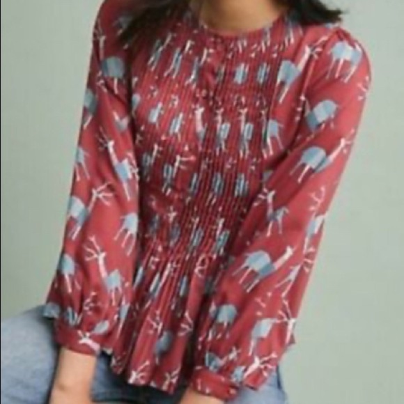 Anthropologie Tops - Anthropologie Geisha Designs Deer print red pleated  blouse  XS